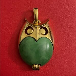 Trifari Gold and Green Owl Pendant Necklace